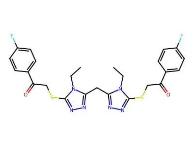 2,2'-((5,5'-methylenebis(4-ethyl-4H-1,2,4-triazole-5,3-diyl))bis(sulfanediyl))bis(1-(4-fluorophenyl)ethanone) structure