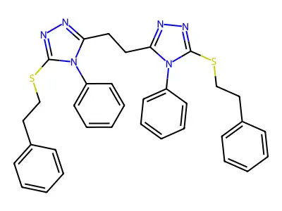 1,2-bis(5-(phenethylthio)-4-phenyl-4H-1,2,4-triazol-3-yl)ethane structure