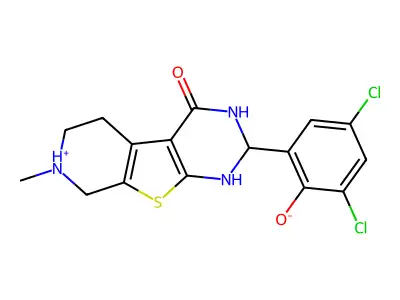 2-(3,5-dichloro-2-hydroxyphenyl)-7-methyl-2,3,5,6,7,8-hexahydropyrido[4',3':4,5]thieno[2,3-d]pyrimidin-4(1H)-one structure