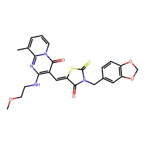 3-{(Z)-[3-(1,3-benzodioxol-5-ylmethyl)-4-oxo-2-thioxo-1,3-thiazolidin-5-ylidene]methyl}-2-[(2-methoxyethyl)amino]-9-methyl-4H-pyrido[1,2-a]pyrimidin-4-one structure
