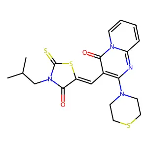 3-{(Z)-[3-(2-methylpropyl)-4-oxo-2-thioxo-1,3-thiazolidin-5-ylidene]methyl}-2-(thiomorpholin-4-yl)-4H-pyrido[1,2-a]pyrimidin-4-one structure