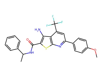 3-amino-6-(4-methoxyphenyl)-N-(1-phenylethyl)-4-(trifluoromethyl)thieno[2,3-b]pyridine-2-carboxamide structure