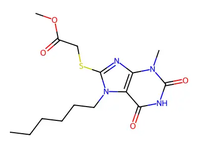 Methyl 2-(7-hexyl-3-methyl-2,6-dioxopurin-8-yl)sulfanylacetate structure