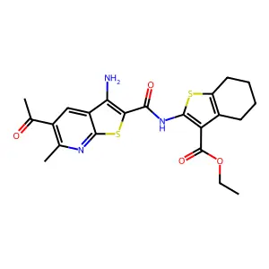 ethyl 2-(5-acetyl-3-amino-6-methylthieno[2,3-b]pyridine-2-carboxamido)-4,5,6,7-tetrahydrobenzo[b]thiophene-3-carboxylate structure