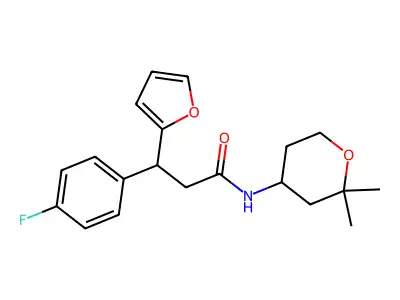 N-(2,2-dimethyloxan-4-yl)-3-(4-fluorophenyl)-3-(furan-2-yl)propanamide structure