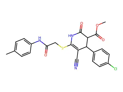 methyl 4-(4-chlorophenyl)-5-cyano-6-[2-(4-methylanilino)-2-oxoethyl]sulfanyl-2-oxo-3,4-dihydro-1H-pyridine-3-carboxylate structure