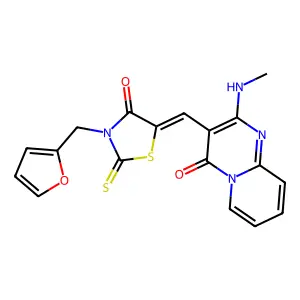 (Z)-3-(furan-2-ylmethyl)-5-((2-(methylamino)-4-oxo-4H-pyrido[1,2-a]pyrimidin-3-yl)methylene)-2-thioxothiazolidin-4-one structure