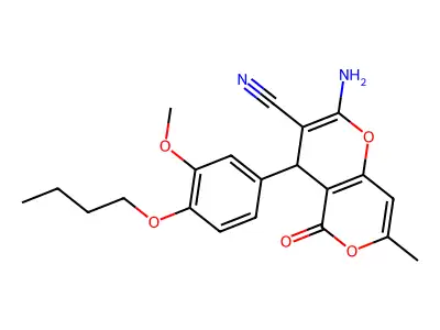 2-amino-4-(4-butoxy-3-methoxyphenyl)-7-methyl-5-oxo-4H,5H-pyrano[4,3-b]pyran-3-carbonitrile structure