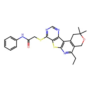 2-((5-ethyl-2,2-dimethyl-2,4-dihydro-1H-pyrano[4'',3'':4',5']pyrido[3',2':4,5]thieno[3,2-d]pyrimidin-8-yl)thio)-N-phenylacetamide structure