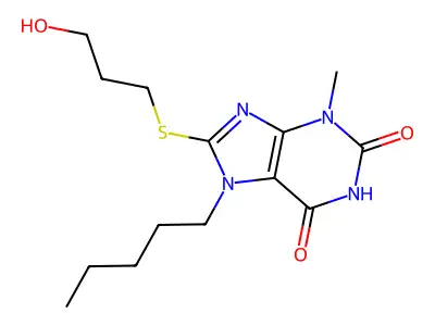8-((3-hydroxypropyl)thio)-3-methyl-7-pentyl-1H-purine-2,6(3H,7H)-dione structure