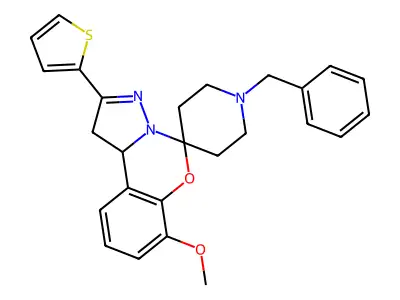 4-methoxy-14-benzyl-9-(2-thienyl)spiro[10aH-benzo[e]2-pyrazolino[1,5-c]1,3-oxa zine-6,4'-piperidine] structure