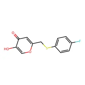 2-(((4-fluorophenyl)thio)methyl)-5-hydroxy-4H-pyran-4-one structure