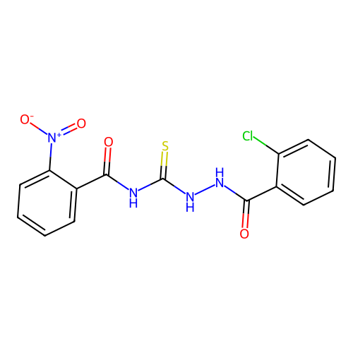N-[[[(2-chlorophenyl)-oxomethyl]hydrazo]-sulfanylidenemethyl]-2-nitrobenzamide structure