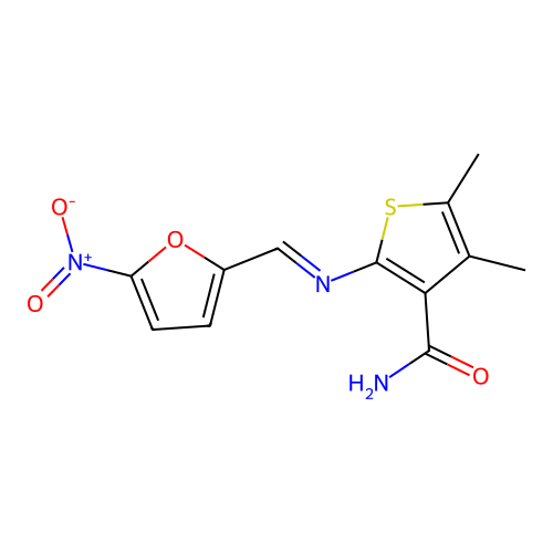 2-[({5-Nitro-2-furyl}methylene)amino]-4,5-dimethyl-3-thiophenecarboxamide structure
