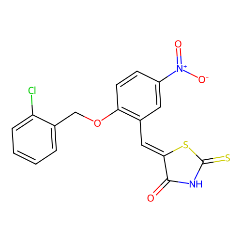 (Z)-5-(2-((2-chlorobenzyl)oxy)-5-nitrobenzylidene)-2-thioxothiazolidin-4-one structure