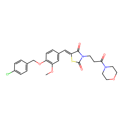 (Z)-5-(4-((4-chlorobenzyl)oxy)-3-methoxybenzylidene)-3-(3-morpholino-3-oxopropyl)thiazolidine-2,4-dione structure