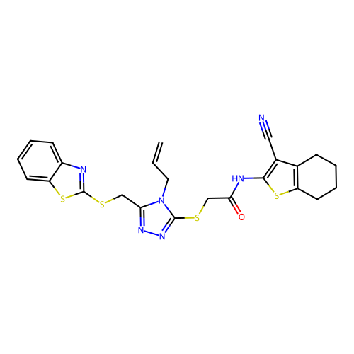 2-((4-allyl-5-((benzo[d]thiazol-2-ylthio)methyl)-4H-1,2,4-triazol-3-yl)thio)-N-(3-cyano-4,5,6,7-tetrahydrobenzo[b]thiophen-2-yl)acetamide structure