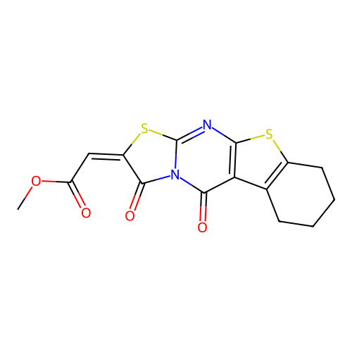 (E)-methyl 2-(3,5-dioxo-3,5,6,7,8,9-hexahydro-2H-benzo[4,5]thieno[2,3-d]thiazolo[3,2-a]pyrimidin-2-ylidene)acetate structure