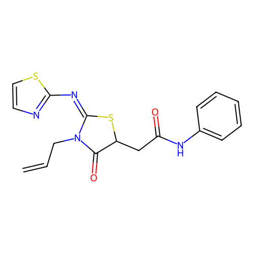 (E)-2-(3-allyl-4-oxo-2-(thiazol-2-ylimino)thiazolidin-5-yl)-N-phenylacetamide structure