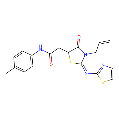(E)-2-(3-allyl-4-oxo-2-(thiazol-2-ylimino)thiazolidin-5-yl)-N-(p-tolyl)acetamide structure
