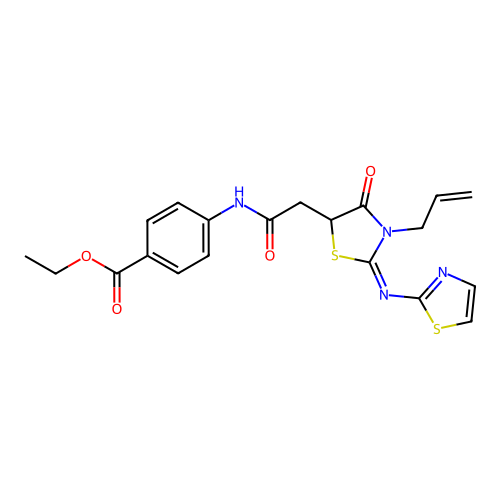 (E)-ethyl 4-(2-(3-allyl-4-oxo-2-(thiazol-2-ylimino)thiazolidin-5-yl)acetamido)benzoate structure