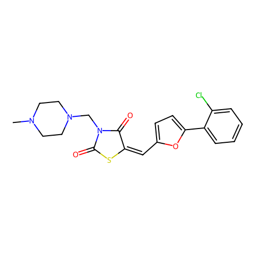 (5E)-5-[[5-(2-chlorophenyl)furan-2-yl]methylidene]-3-[(4-methylpiperazin-1-yl)methyl]-1,3-thiazolidine-2,4-dione structure