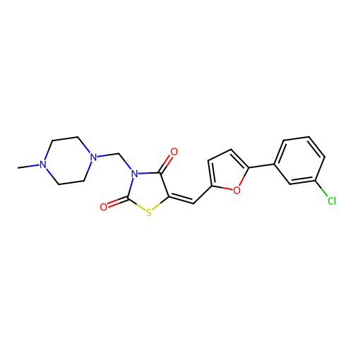 (5E)-5-[[5-(3-chlorophenyl)furan-2-yl]methylidene]-3-[(4-methylpiperazin-1-yl)methyl]-1,3-thiazolidine-2,4-dione structure