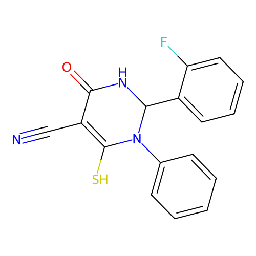 2-(2-fluorophenyl)-4-oxo-1-phenyl-6-sulfanyl-1,2,3,4-tetrahydropyrimidine-5-carbonitrile structure