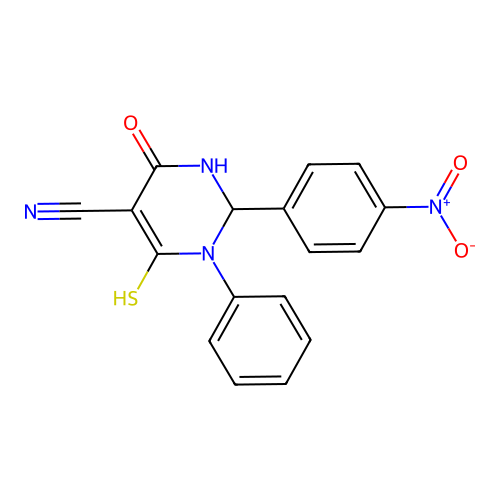 2-(4-nitrophenyl)-4-oxo-1-phenyl-6-sulfanyl-1,2,3,4-tetrahydropyrimidine-5-carbonitrile structure