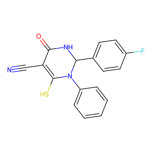 2-(4-fluorophenyl)-4-hydroxy-1-phenyl-6-sulfanyl-1,2-dihydropyrimidine-5-carbonitrile structure