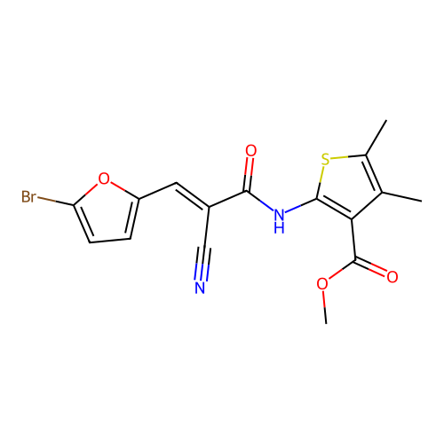 (E)-methyl 2-(3-(5-bromofuran-2-yl)-2-cyanoacrylamido)-4,5-dimethylthiophene-3-carboxylate structure