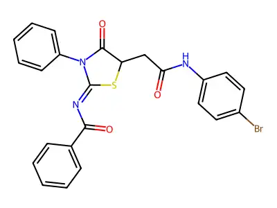N-[(2Z)-5-{2-[(4-bromophenyl)amino]-2-oxoethyl}-4-oxo-3-phenyl-1,3-thiazolidin-2-ylidene]benzamide structure