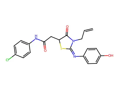 N-(4-chlorophenyl)-2-[(2E)-2-[(4-hydroxyphenyl)imino]-4-oxo-3-(prop-2-en-1-yl)-1,3-thiazolidin-5-yl]acetamide structure