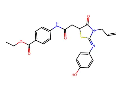 ethyl 4-[({(2E)-3-allyl-2-[(4-hydroxyphenyl)imino]-4-oxo-1,3-thiazolidin-5-yl}acetyl)amino]benzoate structure