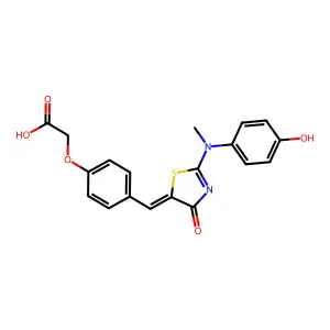 (4-{(Z)-[2-[(4-hydroxyphenyl)(methyl)amino]-4-oxo-1,3-thiazol-5(4H)-ylidene]methyl}phenoxy)acetic acid structure