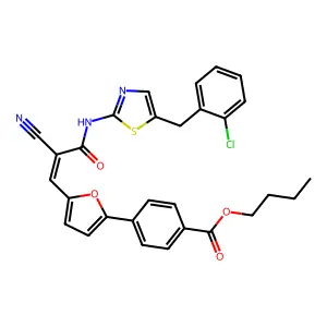butyl 4-[5-[(E)-3-[[5-[(2-chlorophenyl)methyl]-1,3-thiazol-2-yl]amino]-2-cyano-3-oxoprop-1-enyl]furan-2-yl]benzoate structure