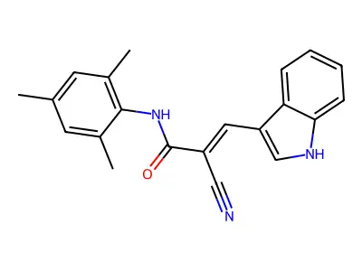 (2E)-2-cyano-3-(1H-indol-3-yl)-N-(2,4,6-trimethylphenyl)prop-2-enamide structure