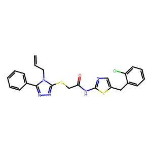 N-[5-[(2-chlorophenyl)methyl]-1,3-thiazol-2-yl]-2-[(5-phenyl-4-prop-2-enyl-1,2,4-triazol-3-yl)sulfanyl]acetamide structure
