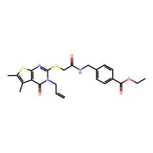 Ethyl 4-{[2-(5,6-dimethyl-4-oxo-3-prop-2-enyl-3-hydrothiopheno[2,3-d]pyrimidin-2-ylthio)acetylamino]methyl}benzoate structure
