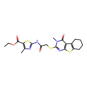 ethyl 4-methyl-2-[[2-[(3-methyl-4-oxo-5,6,7,8-tetrahydro-[1]benzothiolo[2,3-d]pyrimidin-2-yl)sulfanyl]acetyl]amino]-1,3-thiazole-5-carboxylate structure