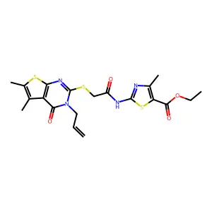 ethyl 2-[[2-(5,6-dimethyl-4-oxo-3-prop-2-enylthieno[2,3-d]pyrimidin-2-yl)sulfanylacetyl]amino]-4-methyl-1,3-thiazole-5-carboxylate structure