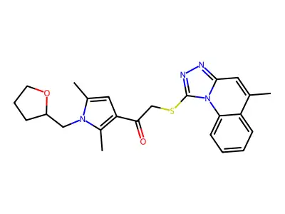 1-(2,5-dimethyl-1-((tetrahydrofuran-2-yl)methyl)-1H-pyrrol-3-yl)-2-((5-methyl-[1,2,4]triazolo[4,3-a]quinolin-1-yl)thio)ethanone structure