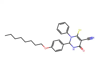 2-[4-(octyloxy)phenyl]-4-oxo-1-phenyl-6-sulfanyl-1,2,3,4-tetrahydropyrimidine-5-carbonitrile structure