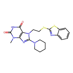 7-(2-(benzo[d]thiazol-2-ylthio)ethyl)-3-methyl-8-(piperidin-1-yl)-1H-purine-2,6(3H,7H)-dione structure