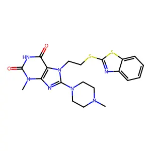 7-(2-(benzo[d]thiazol-2-ylthio)ethyl)-3-methyl-8-(4-methylpiperazin-1-yl)-1H-purine-2,6(3H,7H)-dione structure