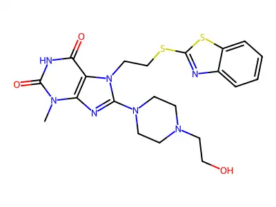 7-(2-(benzo[d]thiazol-2-ylthio)ethyl)-8-(4-(2-hydroxyethyl)piperazin-1-yl)-3-methyl-1H-purine-2,6(3H,7H)-dione structure