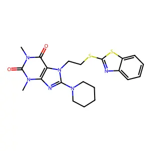 7-(2-(benzo[d]thiazol-2-ylthio)ethyl)-1,3-dimethyl-8-(piperidin-1-yl)-1H-purine-2,6(3H,7H)-dione structure