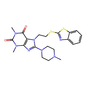 7-(2-benzothiazol-2-ylthioethyl)-1,3-dimethyl-8-(4-methylpiperazinyl)-1,3,7-tr ihydropurine-2,6-dione structure