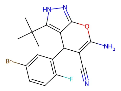 6-amino-4-(5-bromo-2-fluorophenyl)-3-tert-butyl-2,4-dihydropyrano[2,3-c]pyrazole-5-carbonitrile structure