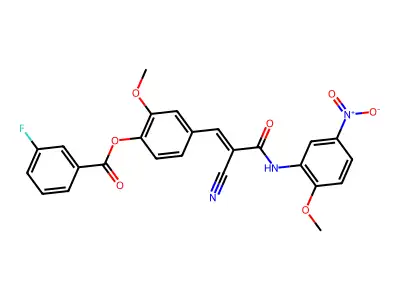 Benzoic acid, 3-fluoro-, 4-[2-cyano-3-[(2-methoxy-5-nitrophenyl)amino]-3-oxo-1-propen-1-yl]-2-methoxyphenyl ester structure